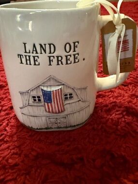 Rae Dunn White Mug with Patriotic Barn and 3D Flag Design- LAND OF THE FREE. NWT